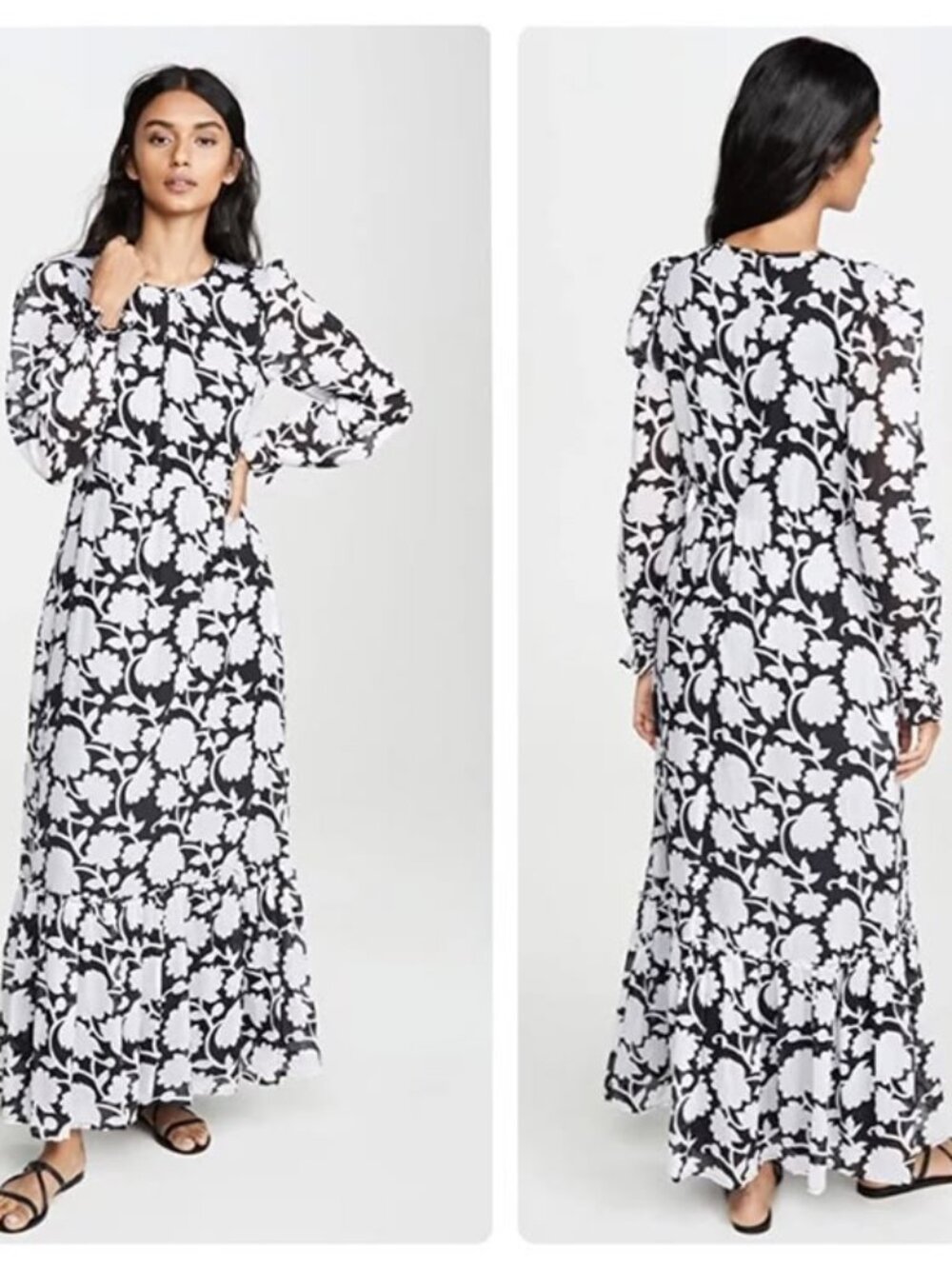 Banjanan black & white floral print long sleeve 100% cotton maxi dress small S